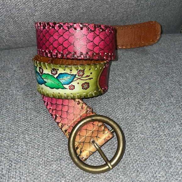 Accessories - Colorful Belt bronze buckle stitched edges painted floral‎ snake pattern 34-38